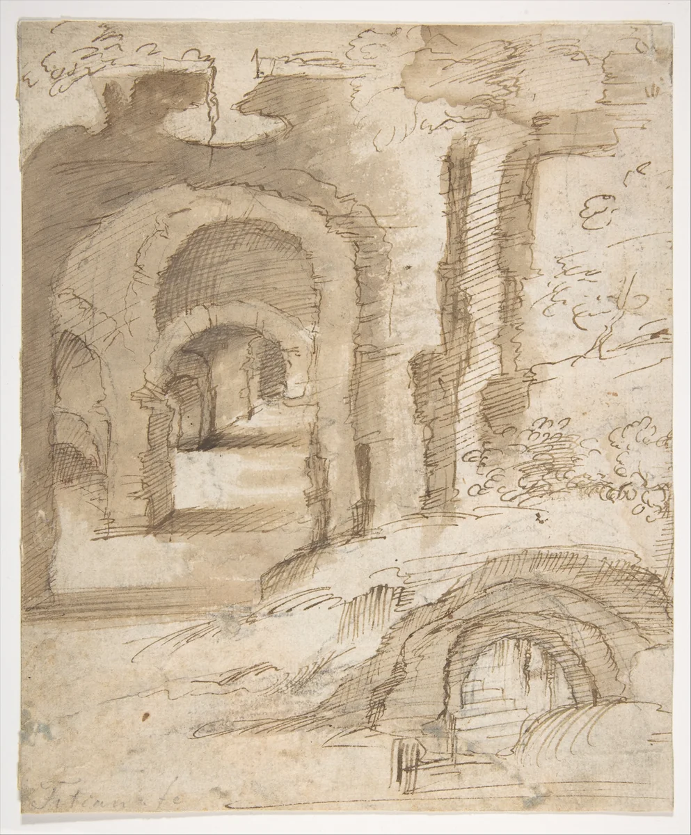 Landscape with Catacombs by Domenico Beccafumi, drawing, 1530-1540
