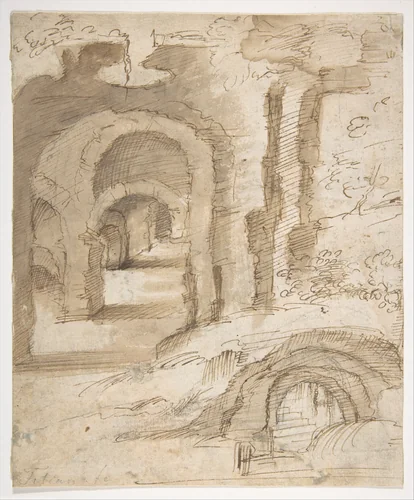Landscape with Catacombs by Domenico Beccafumi, drawing, 1530-1540