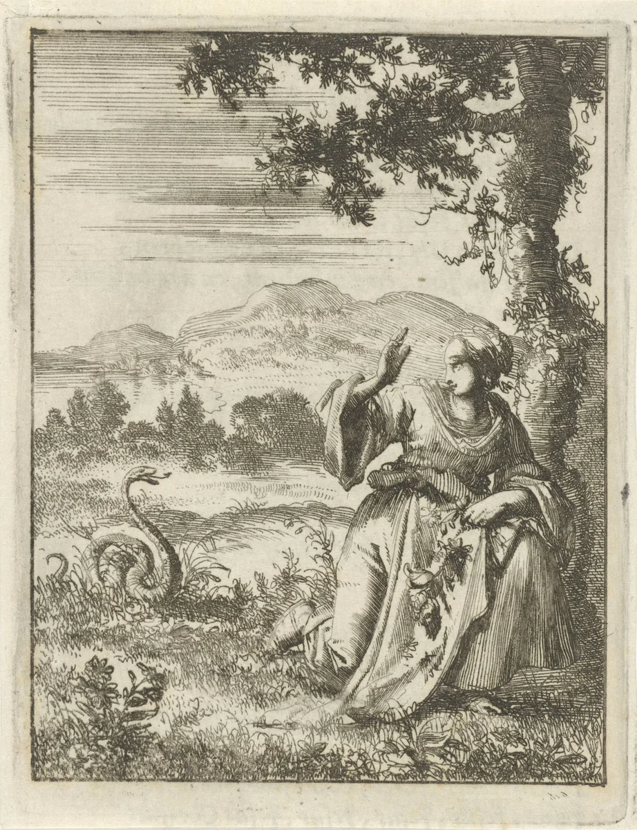 Bloemplukkende vrouw aangevallen door een slang by Jan Luyken, print, 1687