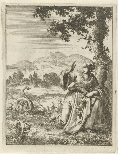 Bloemplukkende vrouw aangevallen door een slang by Jan Luyken, print, 1687