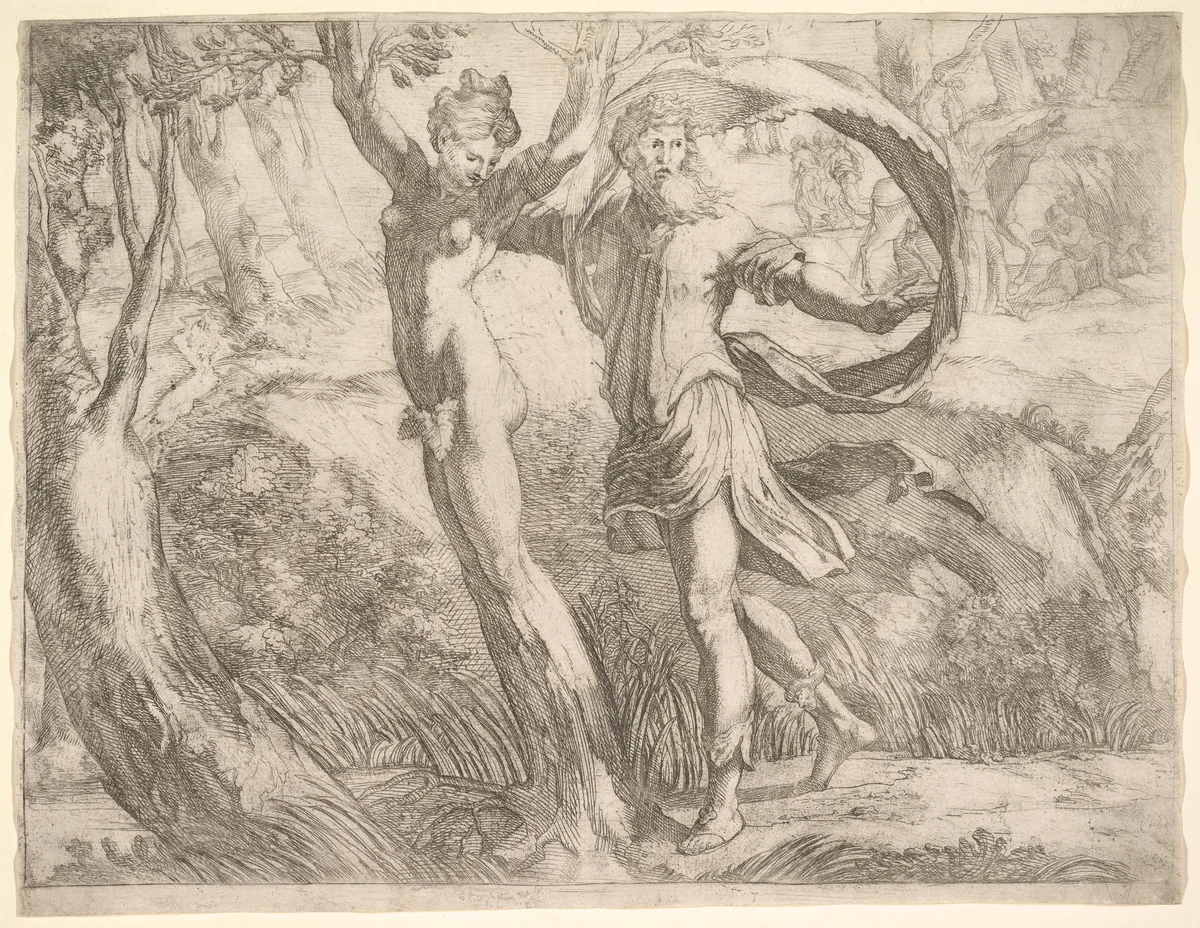Wilton Album, folio 10a: Priapus and Lotis by anonymous, print, 1525-1555
