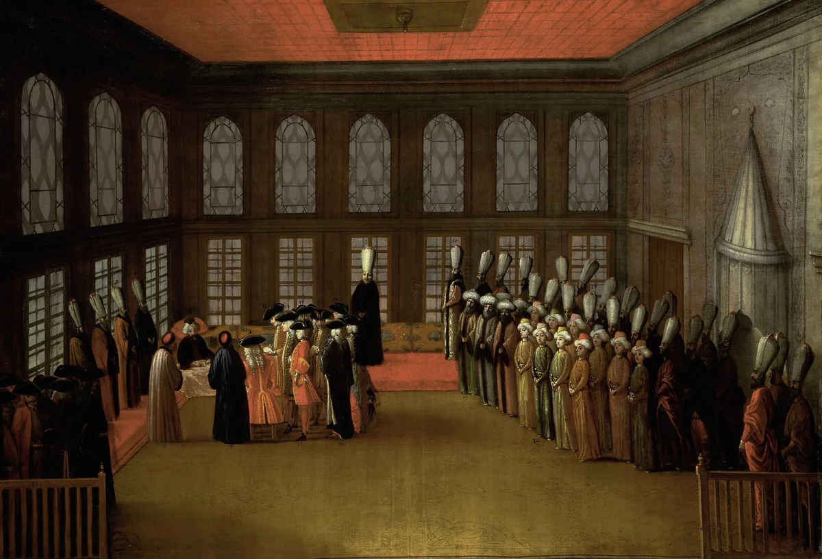 An Ambassador's Audience with the Grand Vizier in his Yali on the Bosporus (Ambassador Cornelis Calkoen, 12 August 1727) by anonymous, painting, 1700-1800