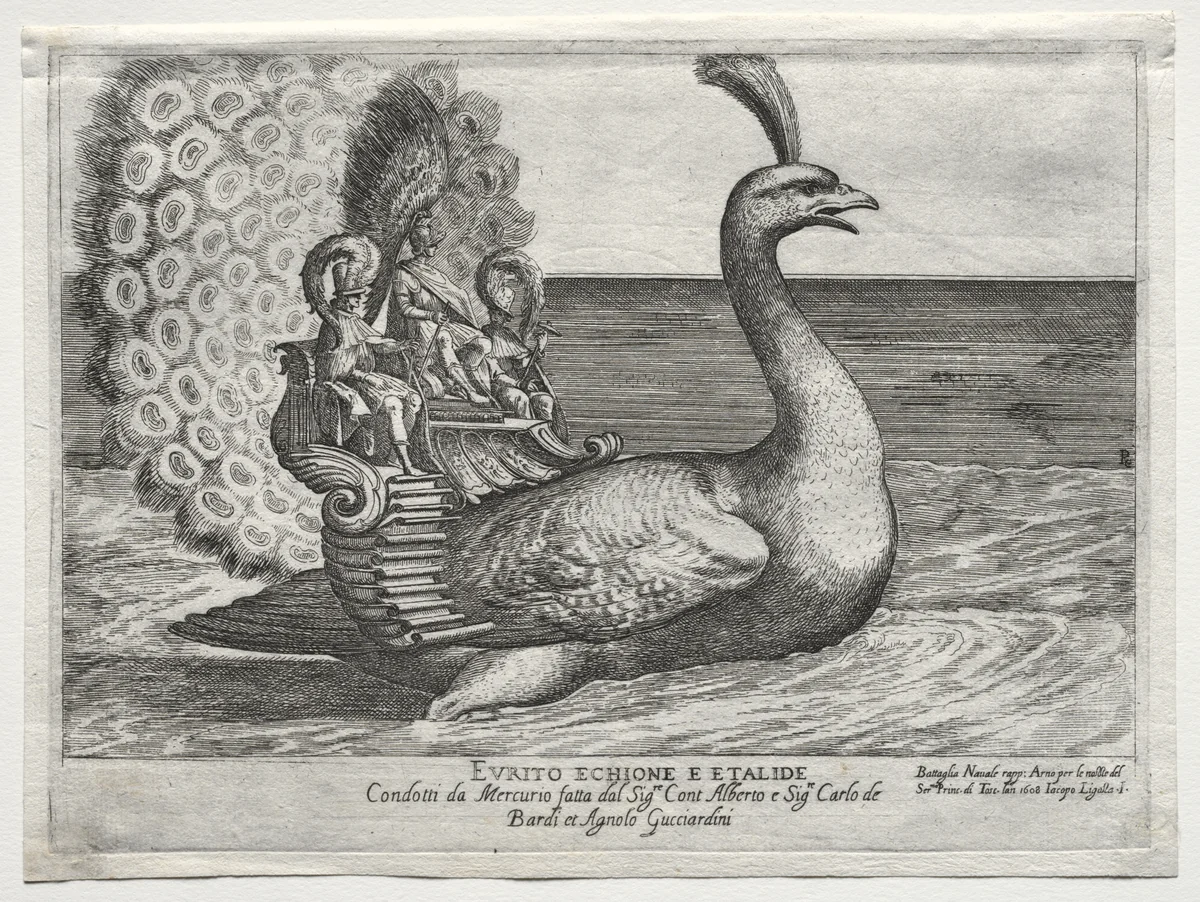 Naval Combat Represented on the Arno River in Florence, for the Marriage of Cosimo di Medici Prince of Tuscany, and Maria Maddalena of Austria, in 1608: Evrito Echione E Etalide by Remigio Cantagallina, print, 1608