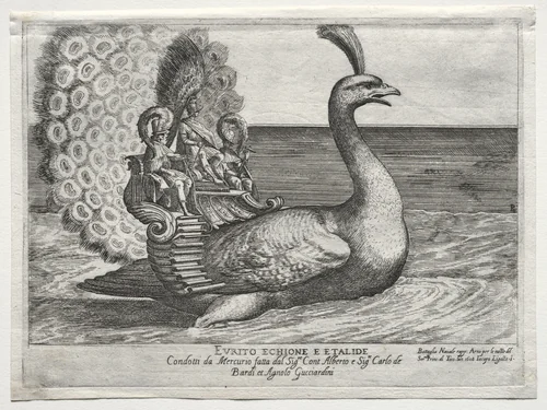 Naval Combat Represented on the Arno River in Florence, for the Marriage of Cosimo di Medici Prince of Tuscany, and Maria Maddalena of Austria, in 1608: Evrito Echione E Etalide by Remigio Cantagallina, print, 1608