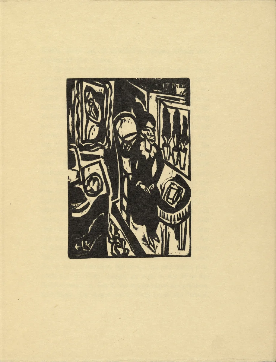 Canoness at the Sewing Table (Stiftsfräulein am Nähtisch) (plate, folio 2) from Das Stiftsfräulein und der Tod (The Canoness and Death) by Ernst Ludwig Kirchner, illustrated book, 1913