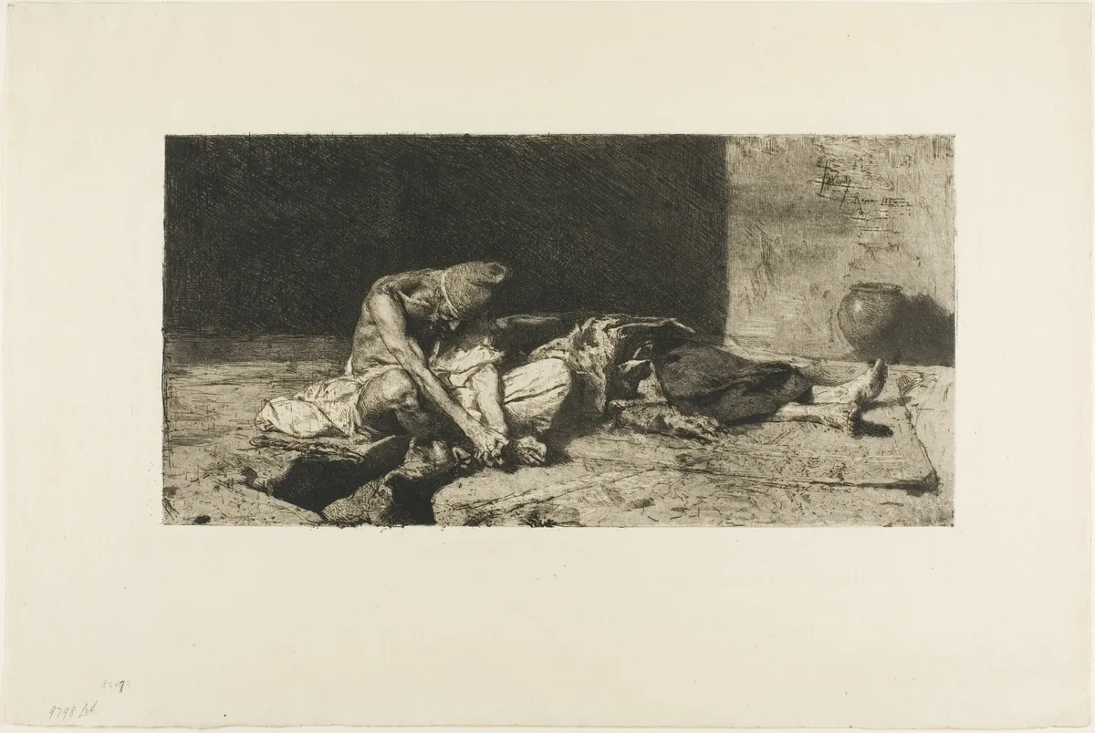 Arab Watching the Body of His Friend by Mariano Fortuny, print, 1858-1874