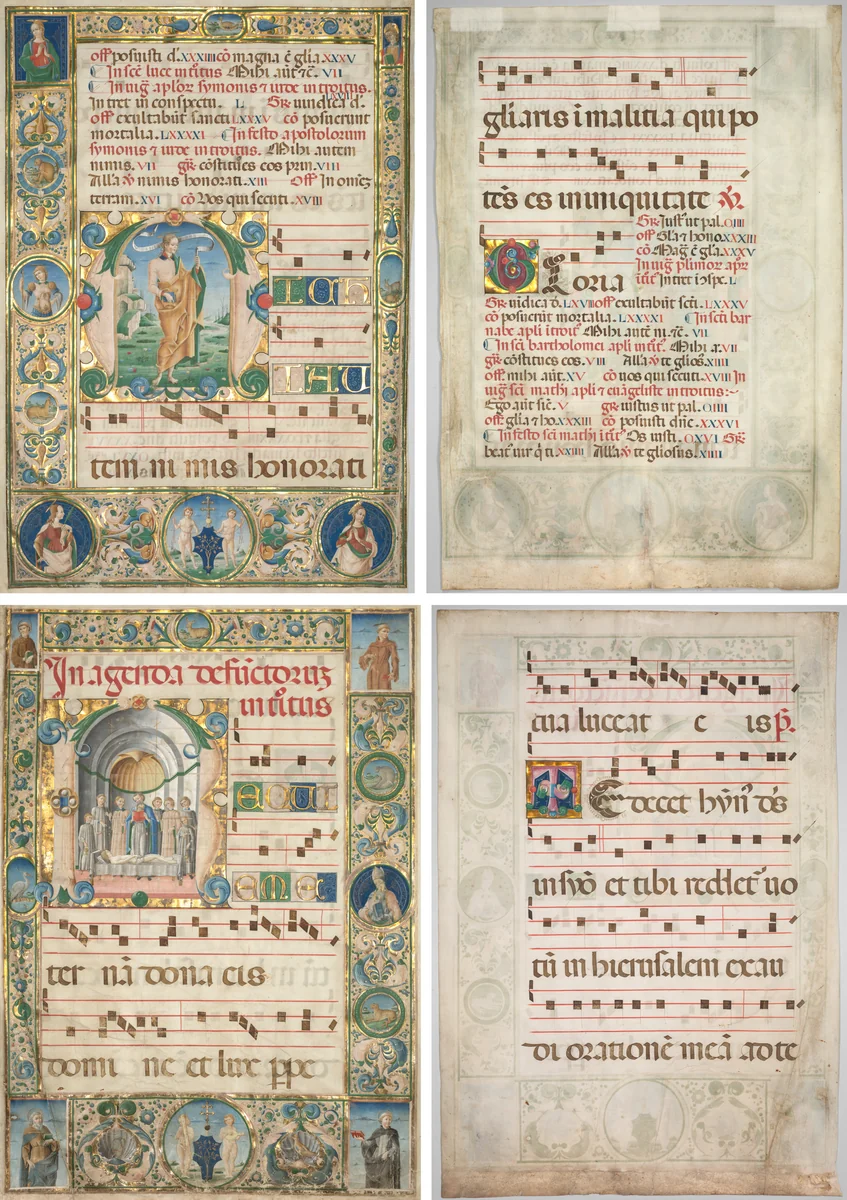 Pair of Graduals: Initial (M) with St. Andrew (recto) and Mass for the Dead (recto) by Jacopo Filippo d' Argenta, manuscript, 1475-1485