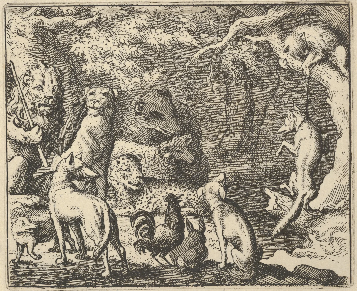 Renard Asks for Confession from Hendrick van Alcmar's Renard The Fox by Allart van Everdingen, print, 1650-1675
