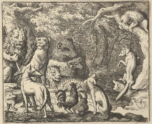 Renard Asks for Confession from Hendrick van Alcmar's Renard The Fox by Allart van Everdingen, print, 1650-1675