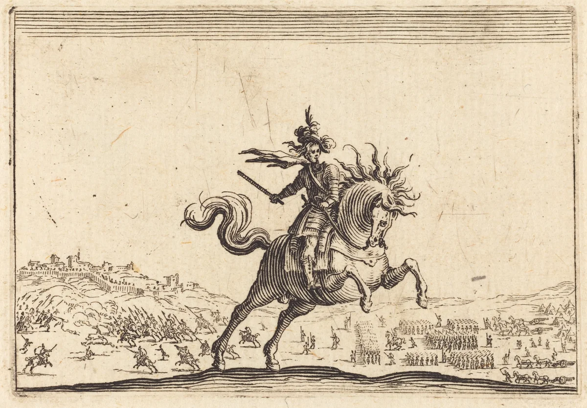 Military Commander on Horseback by Jacques Callot, print, 1622