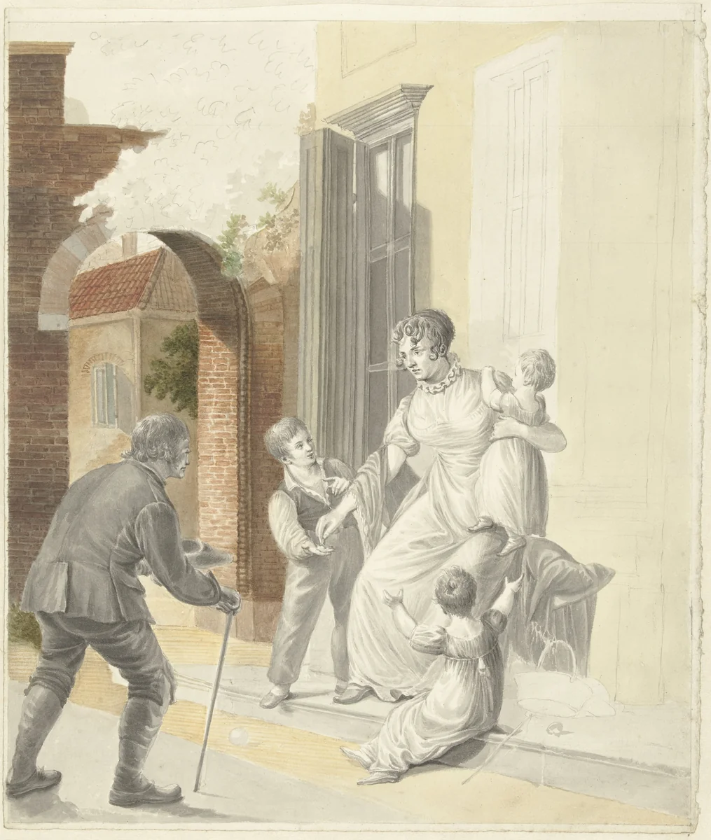 Bedelaar ontvangt een aalmoes van een dame by Pieter Bartholomeusz. Barbiers, drawing, 1782-1837