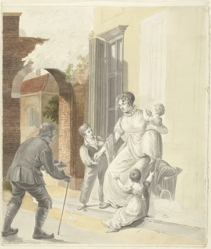 Bedelaar ontvangt een aalmoes van een dame by Pieter Bartholomeusz. Barbiers, drawing, 1782-1837