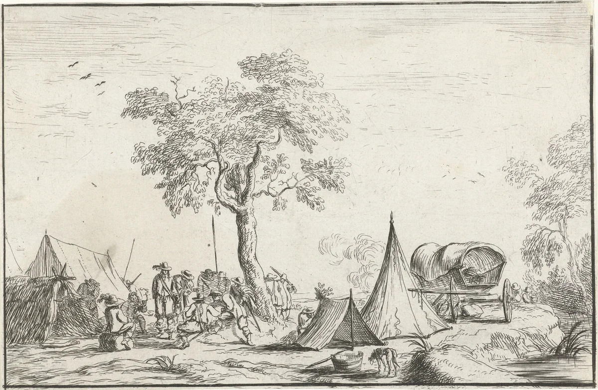 Kampement met een spitse tent by Robert van den Hoecke, print, 1632-1668