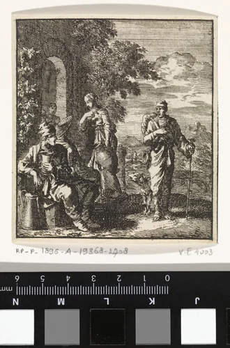Zittende man met beker en kan wendt zich af van een dorstige wandelaar by Jan Luyken, print, 1711