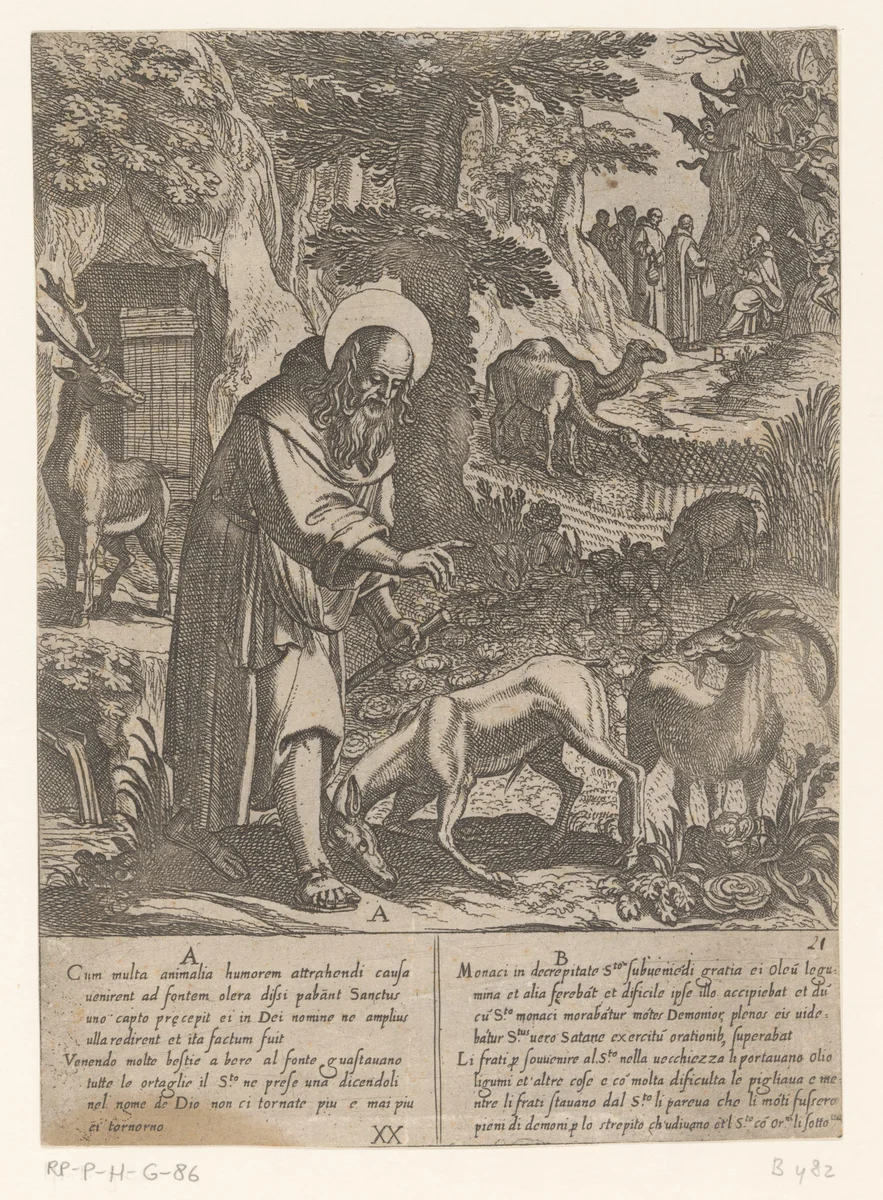 H. Antonius voorkomt dat wilde dieren zijn tuin plunderen by Antonio Tempesta, print, 1598