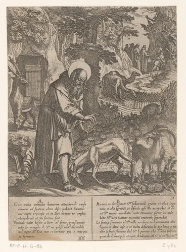 H. Antonius voorkomt dat wilde dieren zijn tuin plunderen by Antonio Tempesta, print, 1598
