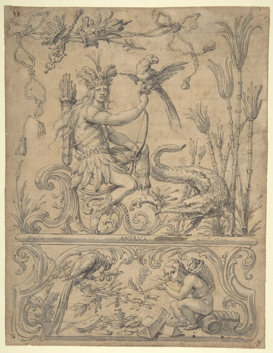 Allegory of America, from the Four Continents by Godfried Maes, drawing, 1660-1700