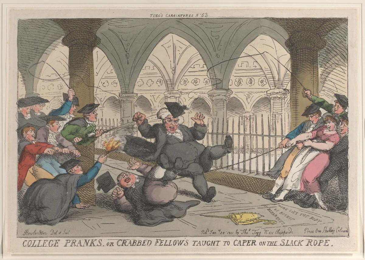 College Pranks or Crabbed Fellows Taught to Caper on the Slack Rope by Thomas Rowlandson, print, 1811