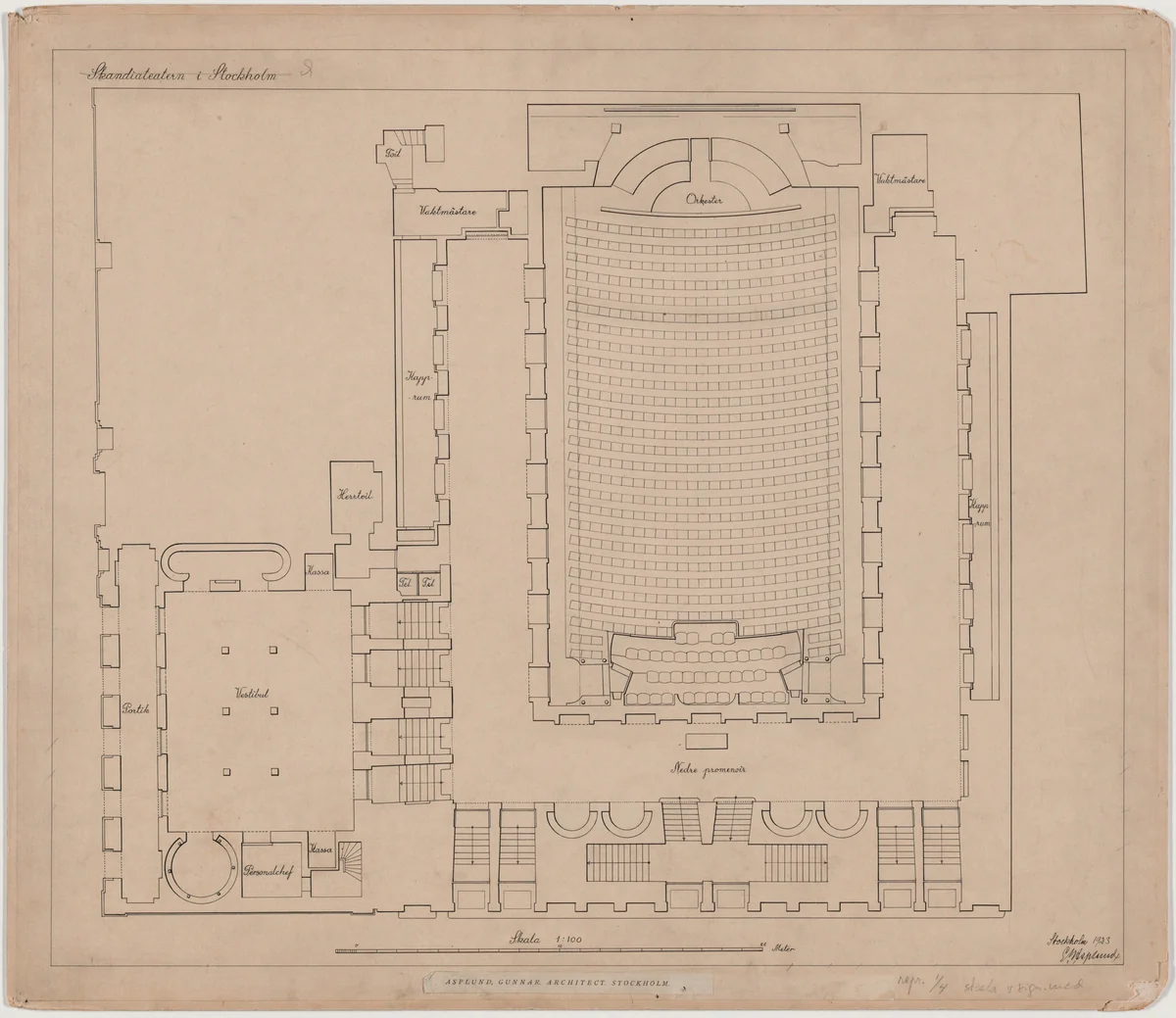 Skandia Cinema, Stockholm, Sweden, Plan of ground floor by Erik Gunnar Asplund, architecture, 1923