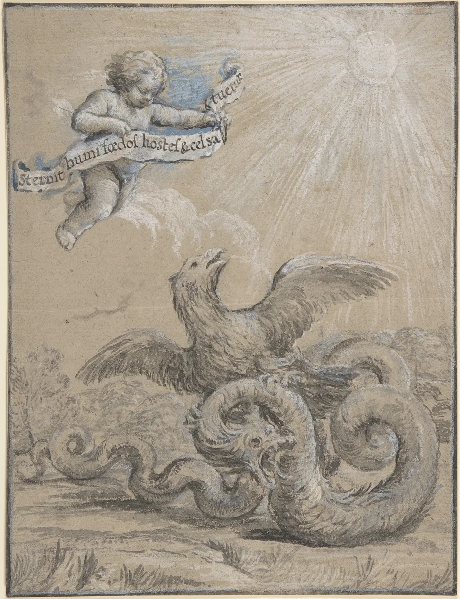 Design with an Eagle Fighting with a Serpent and a Putto in the Sky Holding an Inscribed Banner by Pietro da Cortona, drawing, 1600-1700
