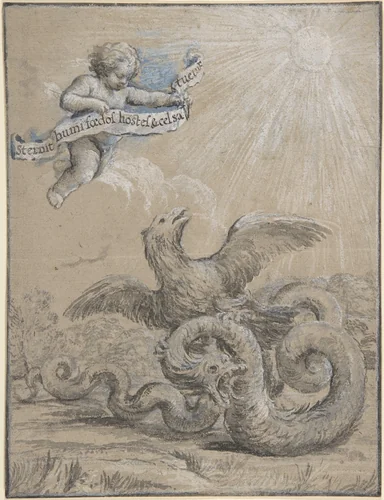Design with an Eagle Fighting with a Serpent and a Putto in the Sky Holding an Inscribed Banner by Pietro da Cortona, drawing, 1600-1700
