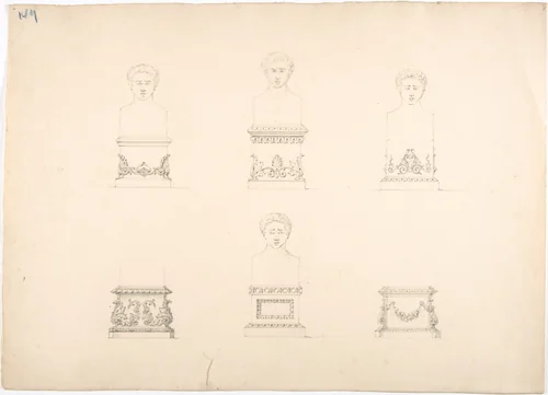 Design for Six Pedestals, Four Supporting Male Portrait Busts by anonymous, drawing, 1800-1850