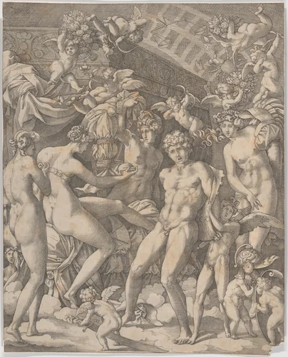 Venus and Mars with Cupid and the Three Graces by Master HCB, print, 1530-1535
