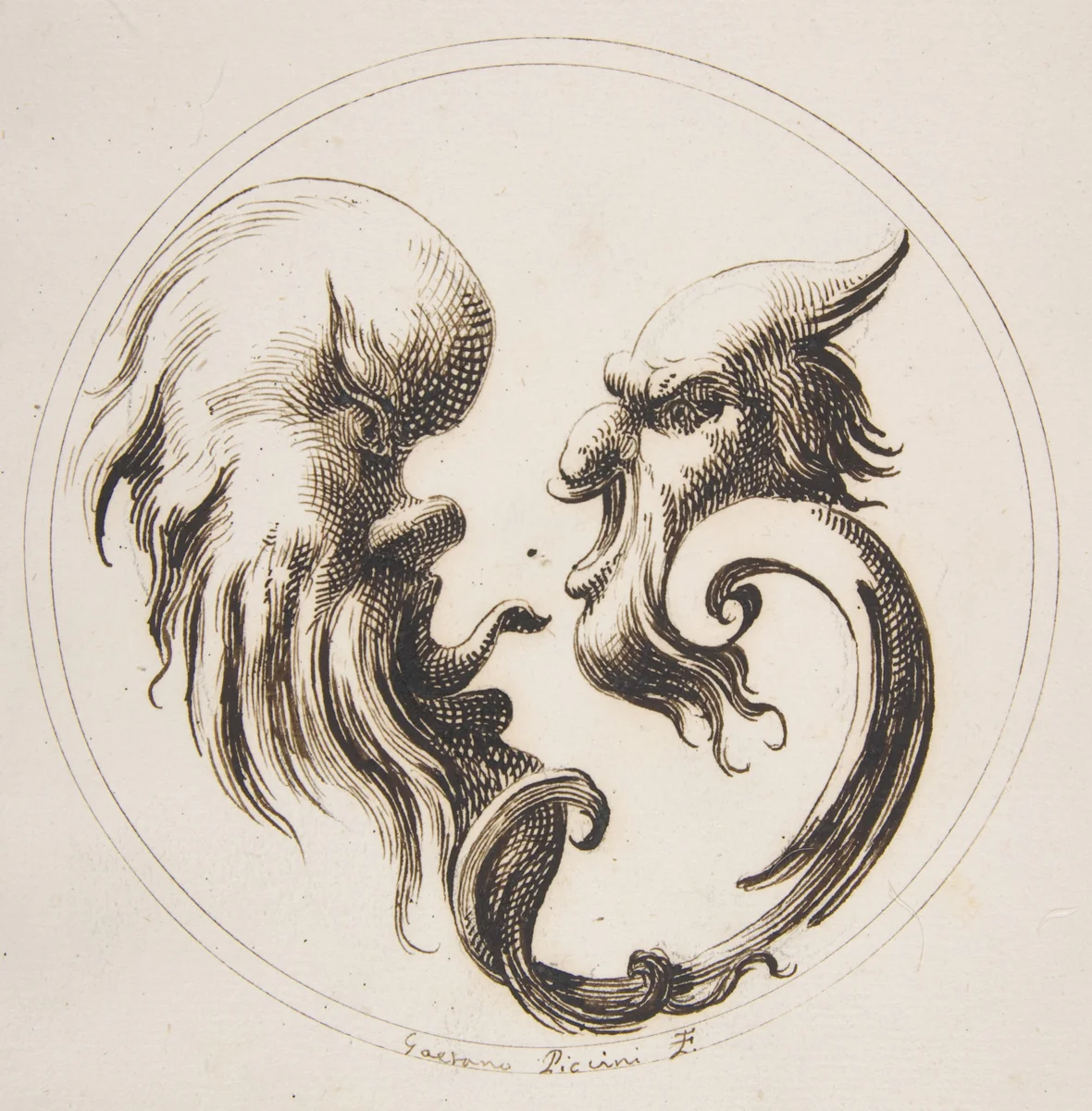 Two Grotesque Heads Facing One Another within a Circle by Gaetano Piccini, drawing, 1727