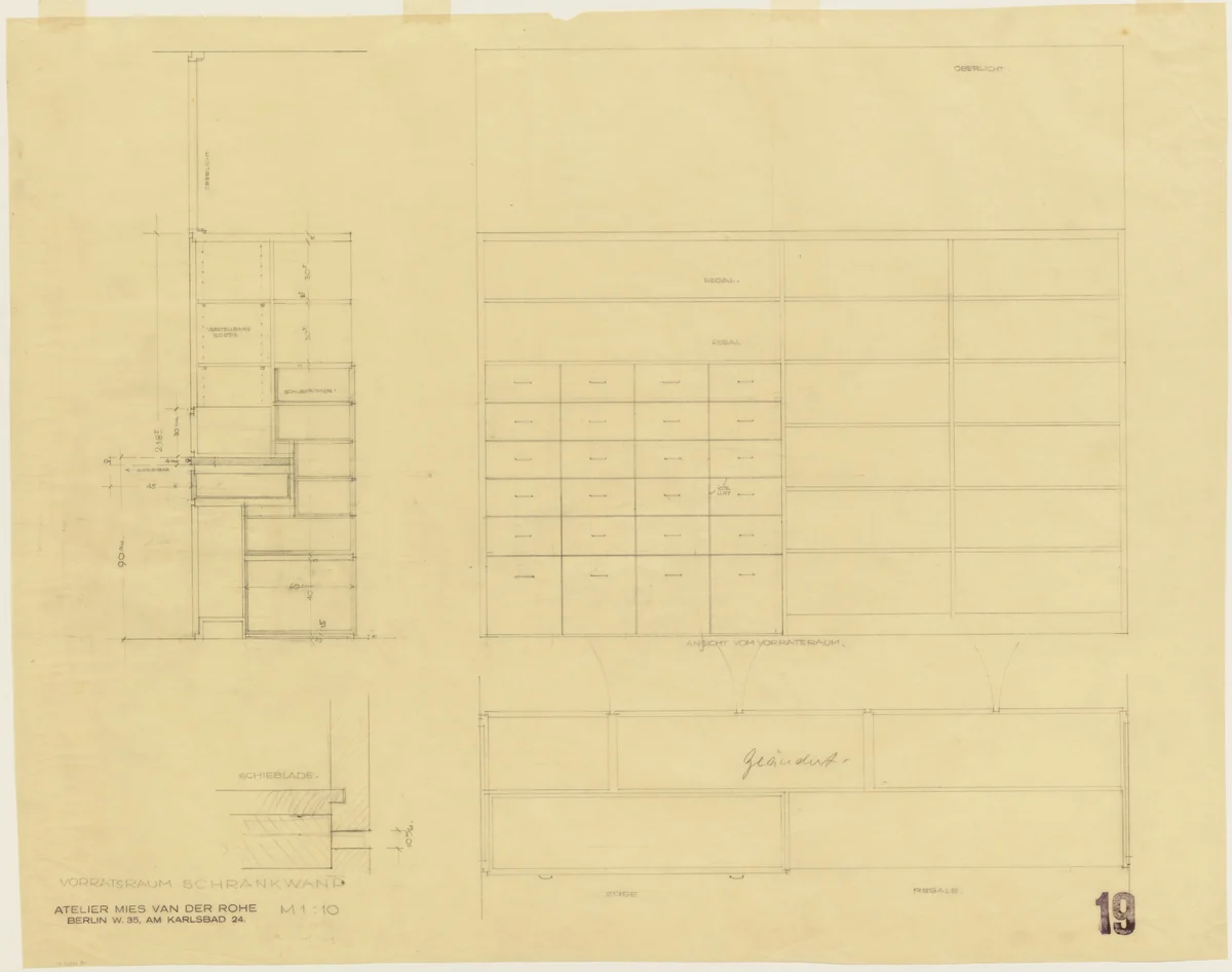 Tugendhat House, Brno, Czech Republic (Pantry. Plan, elevation, sections.) by Ludwig Mies van der Rohe, mies van der rohe archive, 1928