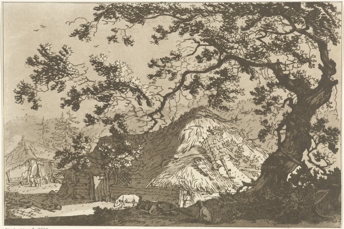 Landschap met twee boerderijen by Hendrik Meijer, print, 1789-1793