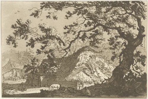 Landschap met twee boerderijen by Hendrik Meijer, print, 1789-1793