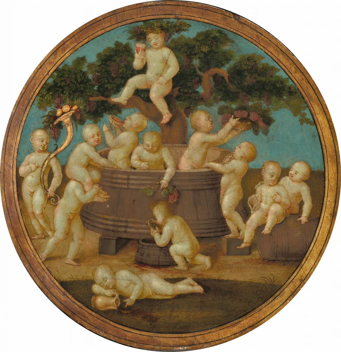 Putti with a Wine Press by Mariotto Albertinelli, painting, 1500