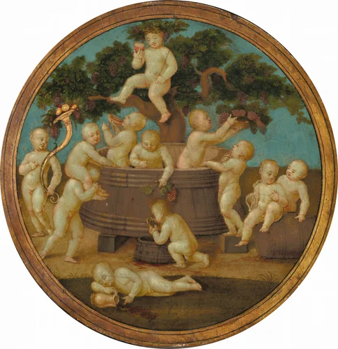 Putti with a Wine Press by Mariotto Albertinelli, painting, 1500
