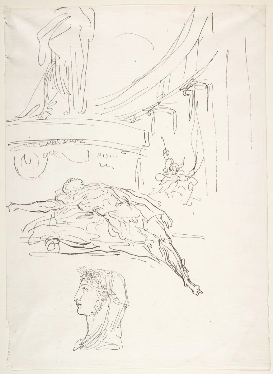 Sheet of studies, including a Roman head, a male figure on a pyre, and a colonnade. by Luis Paret y Alcázar, drawing, 1761-1771