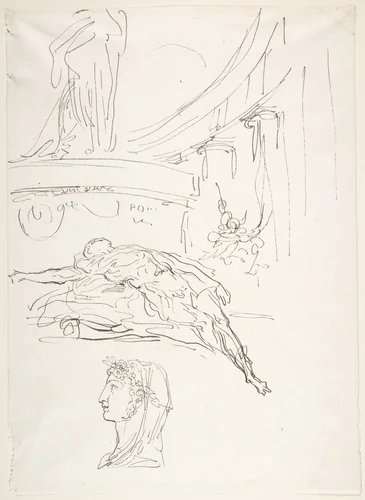 Sheet of studies, including a Roman head, a male figure on a pyre, and a colonnade. by Luis Paret y Alcázar, drawing, 1761-1771