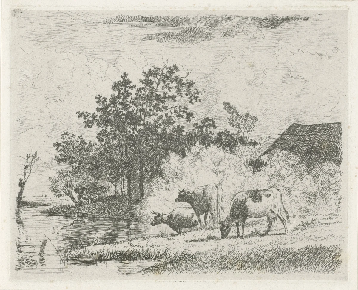 Grazende koeien bij beek by Dirk van Lokhorst, print, 1828-1893