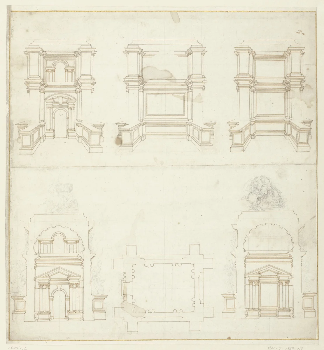 Ontwerp voor een grafmonument met ruiterbeeld by Unknown, drawing, 1520-1590