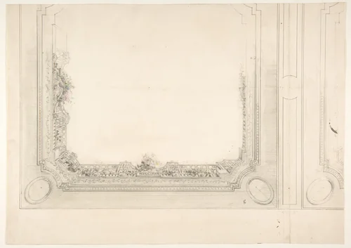 Partial design for a ceiling to be painted with a trompe l'oeil iron railing and roses by Jules-Edmond-Charles Lachaise, drawing, 1850-1900