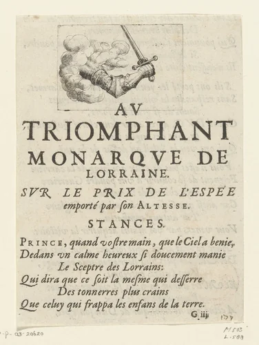 Geharnaste rechterarm met zwaard by Jacques Callot, print, 1627