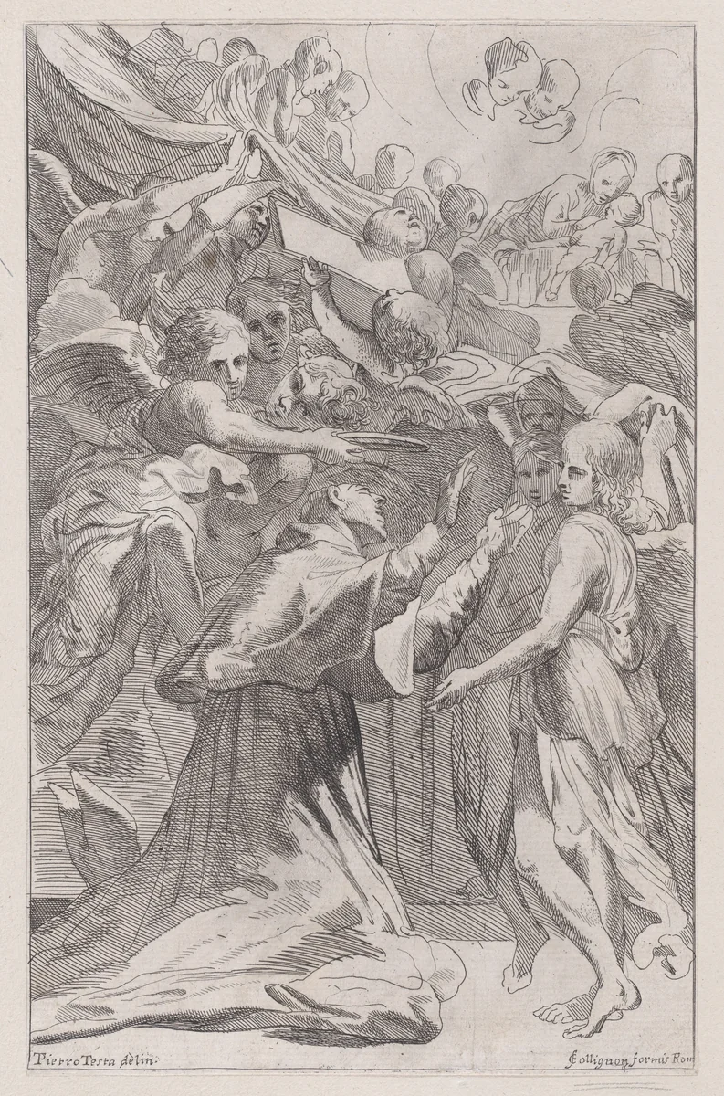 St. Carlo Borromeo surrounded by angels by Pietro Testa, print, 1650-1670