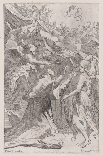 St. Carlo Borromeo surrounded by angels by Pietro Testa, print, 1650-1670