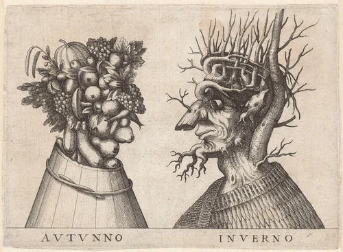 Personificaties van de vier seizoenen by anonymous, print, 1565-1580