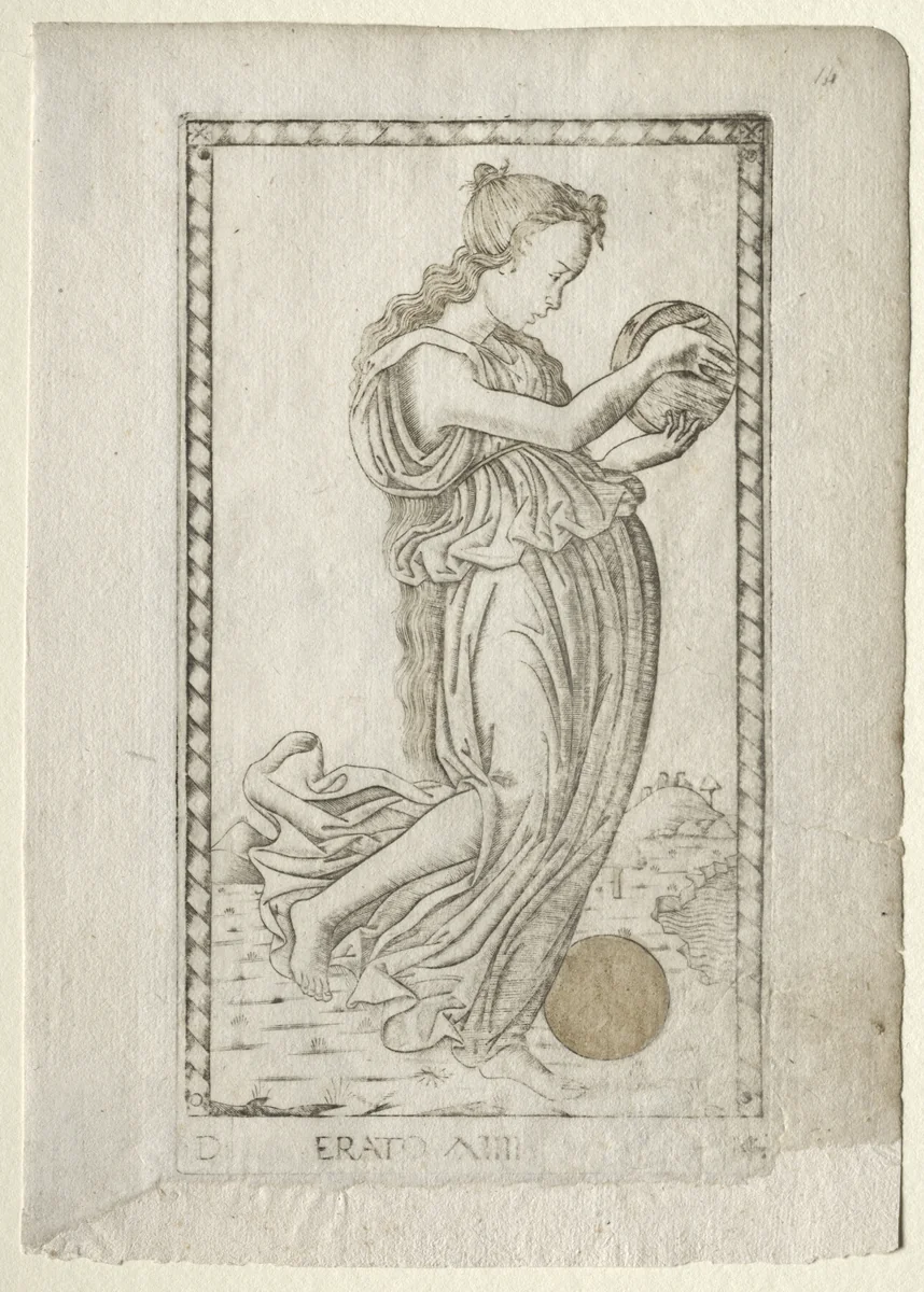 Erato (lyric and love poetry) (from the Tarocchi series D: Apollo and the Muses, #14) by Master of the E-Series Tarocchi, print, 1457-1467
