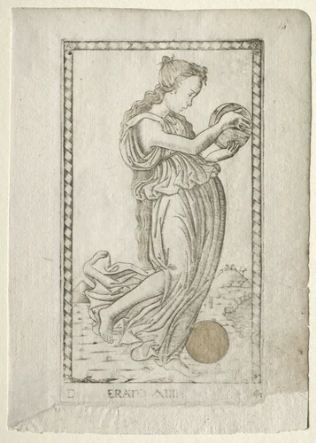 Erato (lyric and love poetry) (from the Tarocchi series D: Apollo and the Muses, #14) by Master of the E-Series Tarocchi, print, 1457-1467