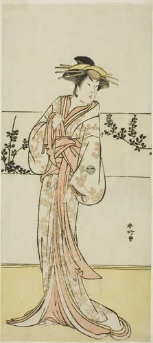 The Actor Segawa Kikunojo III, Possibly as the Courtesan Kojoro of Hakata, in the Play Chiyo no Hajime Ondo no Seto (Beginnings of Eternity: The Ondo Straits in the Seto Inland Sea) (?), Performed at the Kiri Theater from the Twenty-seventh Day of the Seventh Month, 1785 by Katsukawa Shunko, print, 1780-1790