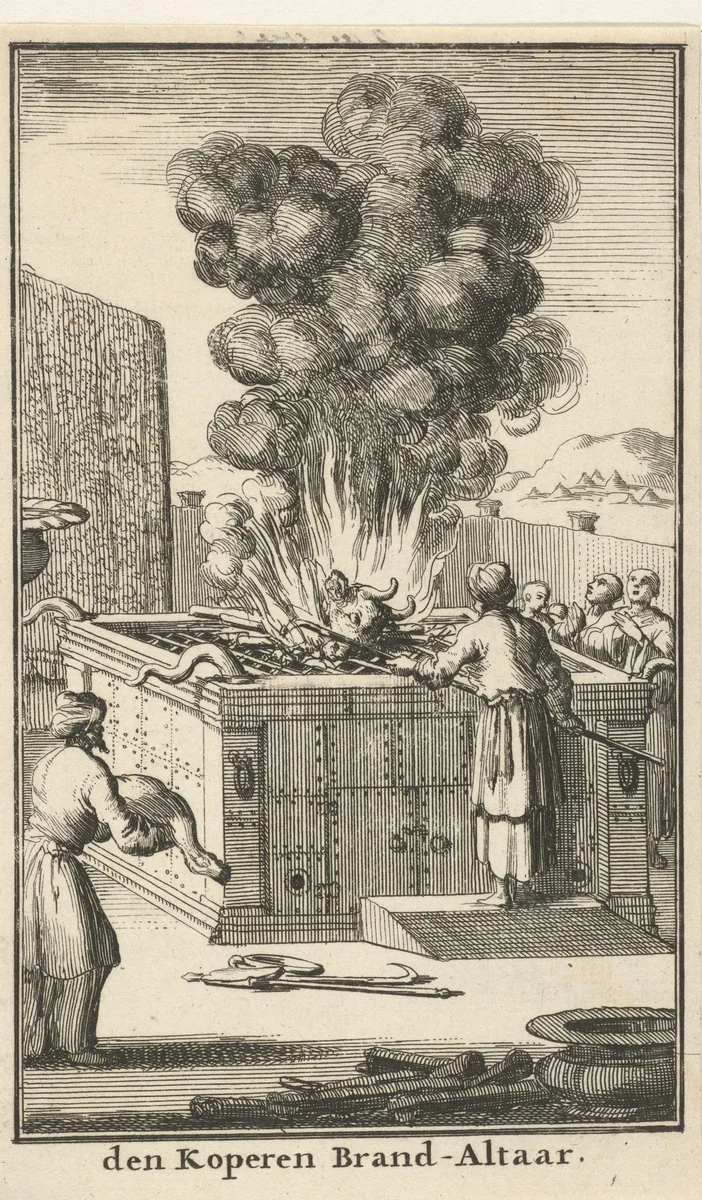 Priester offert stier op het brandofferaltaar by Jan Luyken, print, 1683