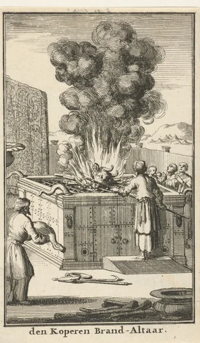 Priester offert stier op het brandofferaltaar by Jan Luyken, print, 1683
