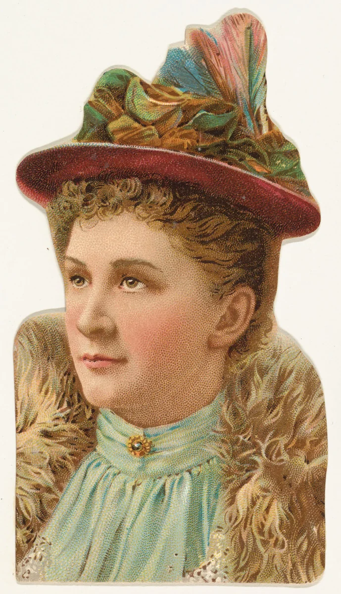 Actress wearing pink hat with multi-colored feathers, from Stars of the Stage, Fourth Series (N132) issued by Duke Sons & Co. to promote Honest Long Cut Tobacco by W. Duke, Sons & Co., print, 1892-1893