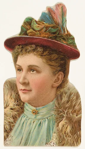 Actress wearing pink hat with multi-colored feathers, from Stars of the Stage, Fourth Series (N132) issued by Duke Sons & Co. to promote Honest Long Cut Tobacco by W. Duke, Sons & Co., print, 1892-1893