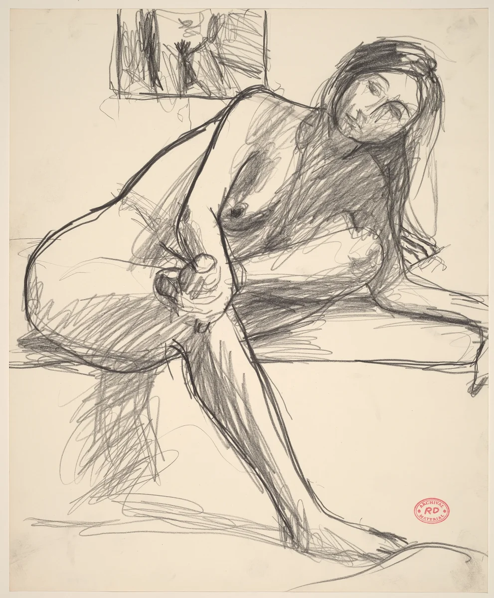 Untitled [seated nude with her leg crossed and leaning on her left arm] by Richard Diebenkorn, drawing, 1955-1967